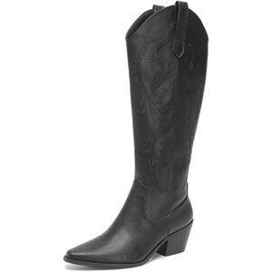 AMOJI Women Black Western Cowboy Boots Pointed Toe Mid Calf Cowgirl